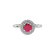 Close-up details of a round raspberry red gemstone secured in a white gold diamond falling edge halo setting.