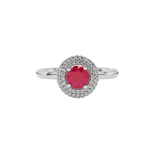 raspberry red gemstone double halo ring in white gold