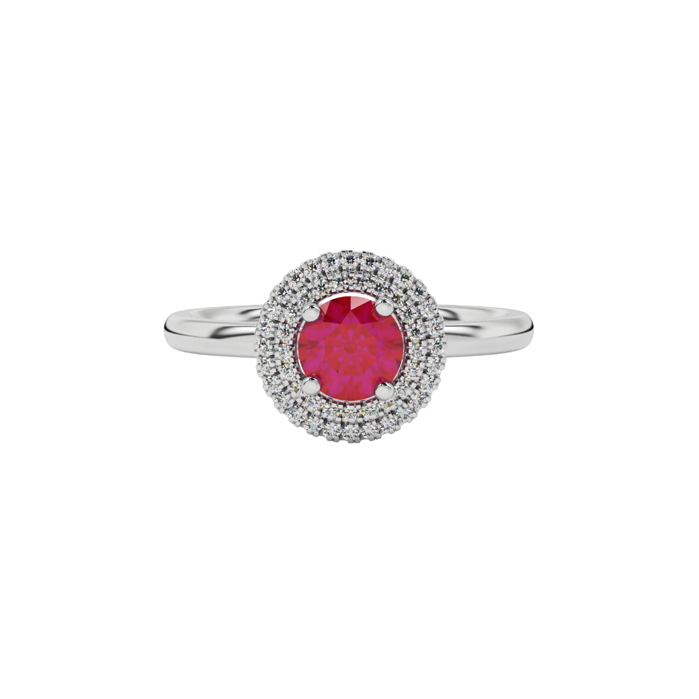 Close-up details of a round raspberry red gemstone secured in a white gold diamond falling edge halo setting.