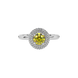 Close-up shot of a round-cut canary yellow gemstone in a white gold diamond falling edge halo setting.