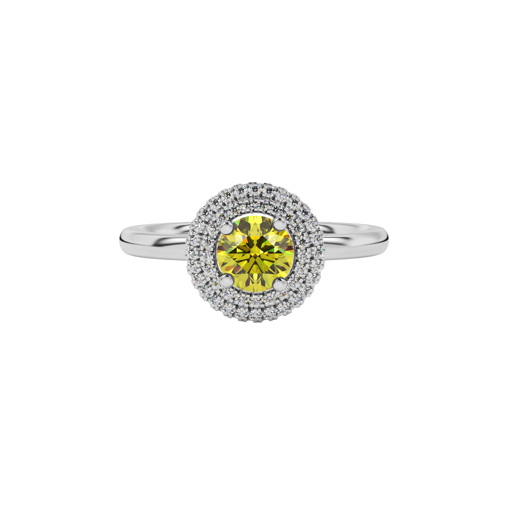 Close-up shot of a round-cut canary yellow gemstone in a white gold diamond falling edge halo setting.