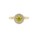 close-up of a round canary yellow gemstone secured in a yellow gold diamond falling edge halo.