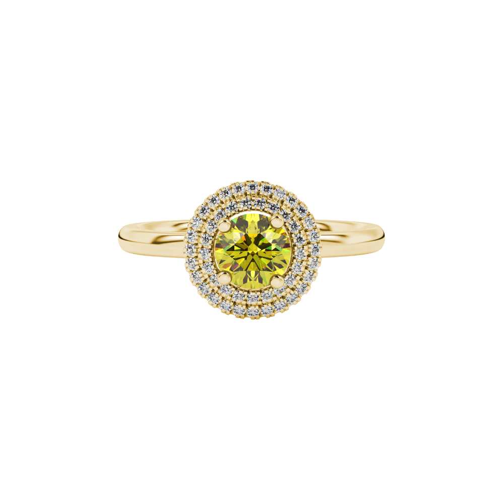 close-up of a round canary yellow gemstone secured in a yellow gold diamond falling edge halo.