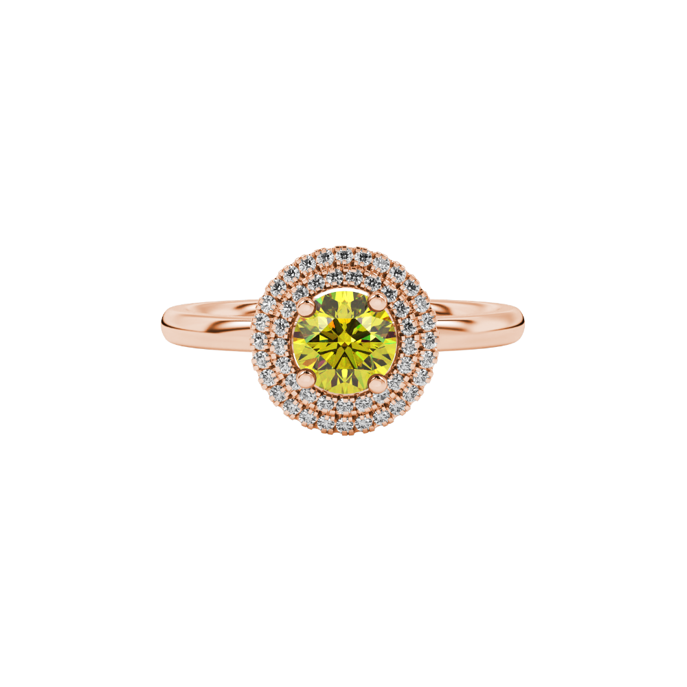 close-up of a round canary yellow gemstone ring with an intricate rose gold diamond falling edge halo.