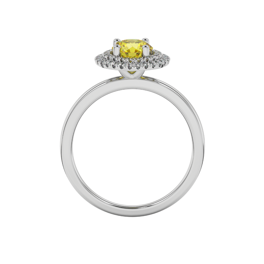 Round-cut canary yellow gemstone solitaire ring in a white gold falling edge halo diamond setting.