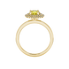 Round-cut canary yellow gemstone solitaire ring in a yellow gold falling edge halo diamond setting.