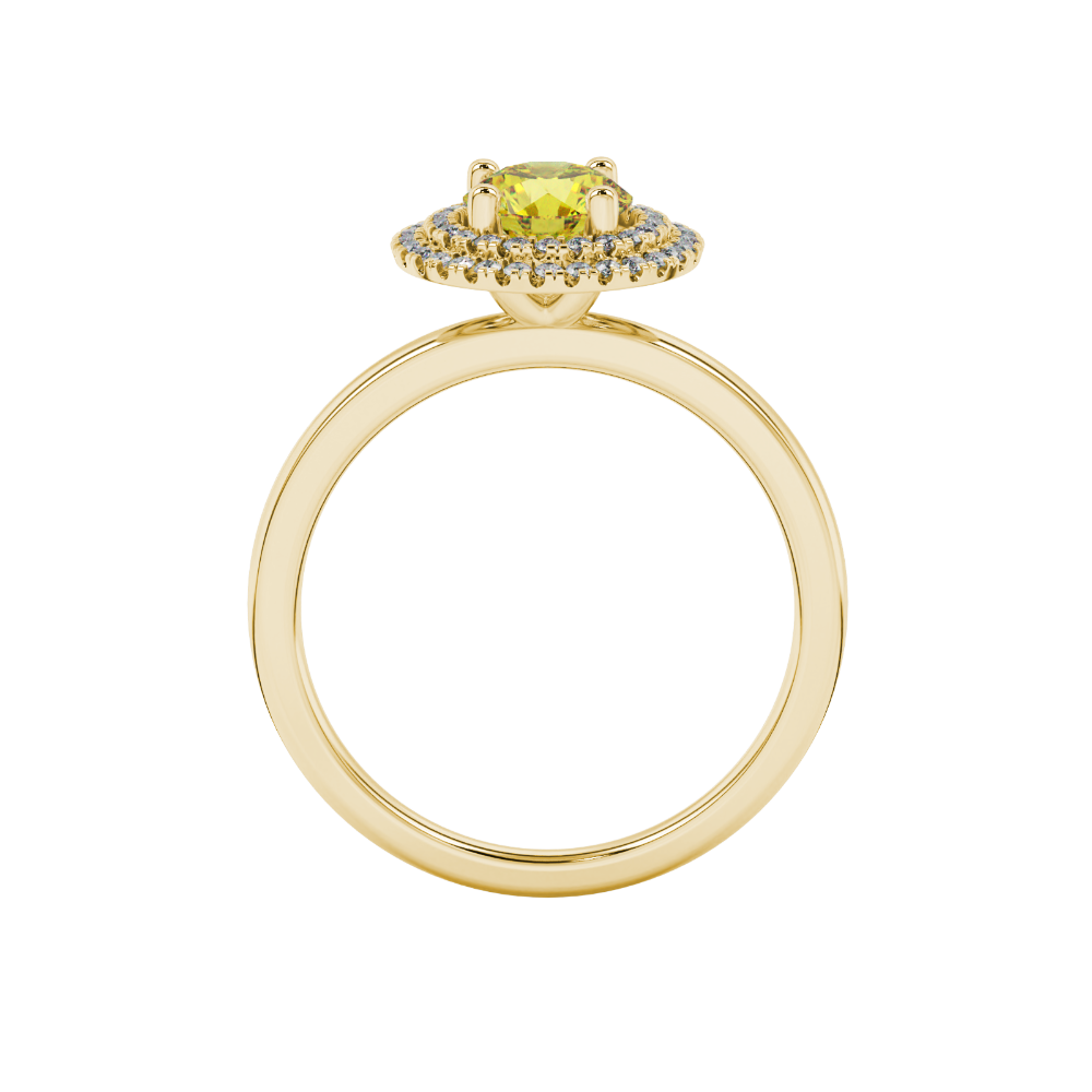 Round-cut canary yellow gemstone solitaire ring in a yellow gold falling edge halo diamond setting.