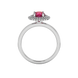 Round-cut raspberry red gemstone solitaire ring in a white gold falling edge halo diamond setting.