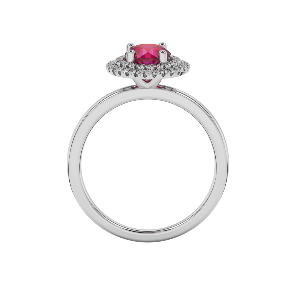 Round-cut raspberry red gemstone solitaire ring in a white gold falling edge halo diamond setting.