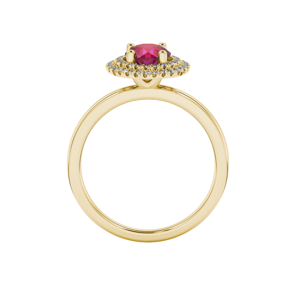 Round-cut raspberry red gemstone solitaire ring in a yellow gold falling edge halo diamond setting.