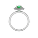 Round-cut emerald green gemstone solitaire ring in a white gold falling edge halo diamond setting.