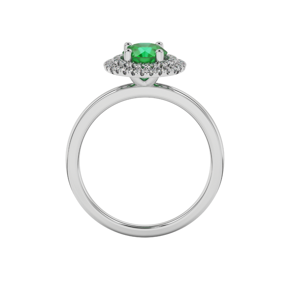 Round-cut emerald green gemstone solitaire ring in a white gold falling edge halo diamond setting.