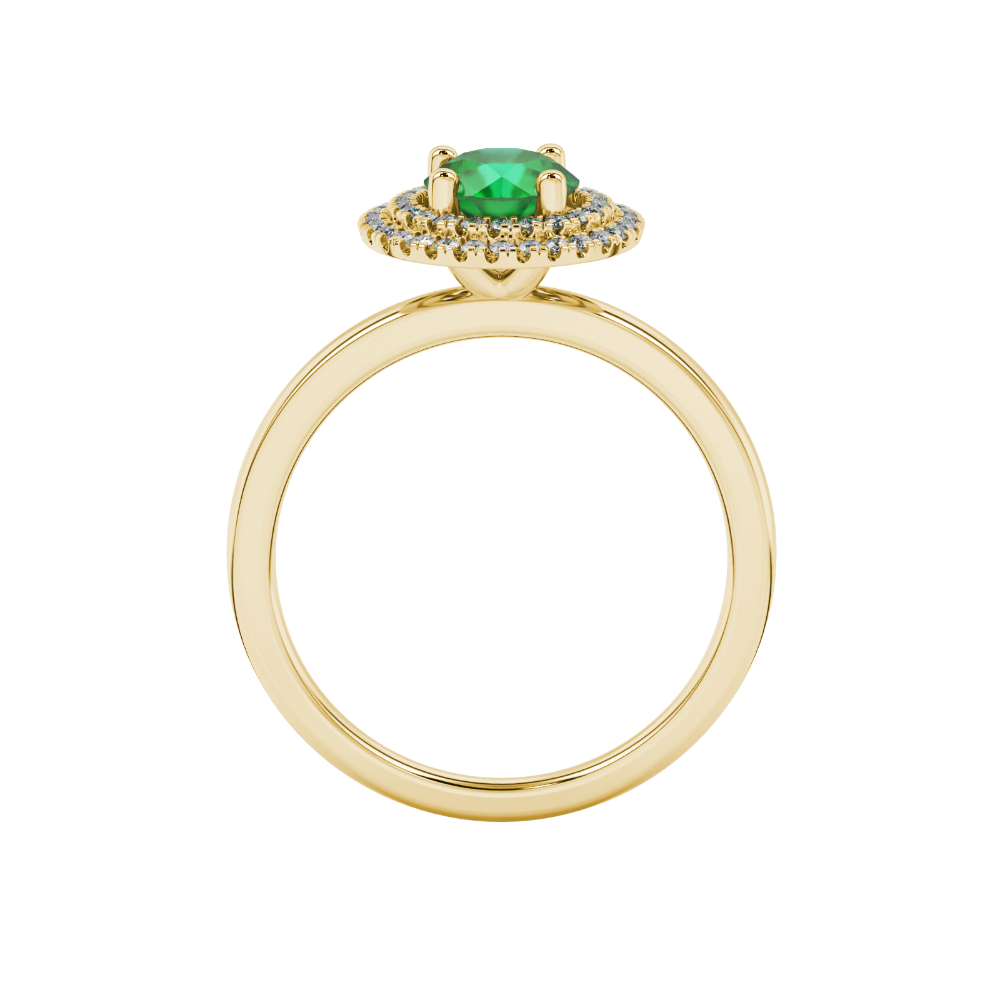 Round-cut emerald green gemstone solitaire ring in a yellow gold falling edge halo diamond setting.