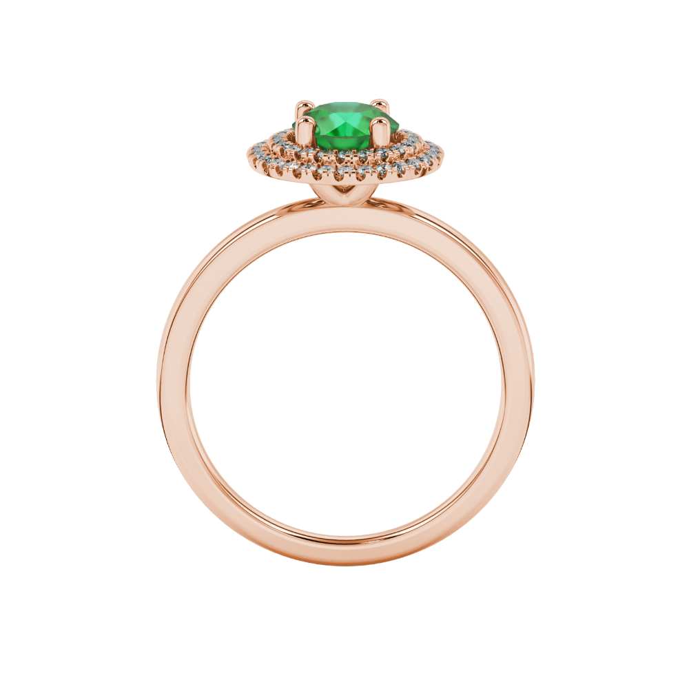 Round-cut emerald green gemstone solitaire ring in a rose gold falling edge halo diamond setting.