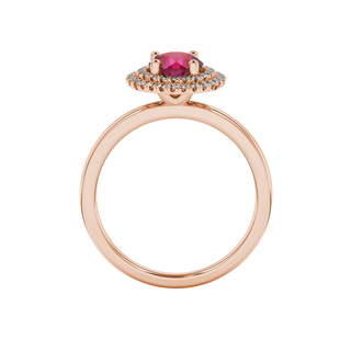 raspberry red gemstone double halo ring in rose gold