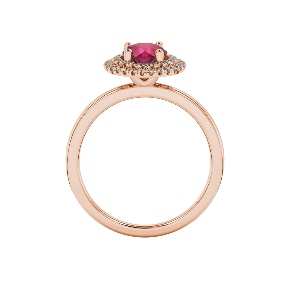 Round-cut raspberry red gemstone solitaire ring in a rose gold falling edge halo diamond setting.