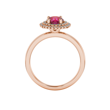 raspberry red gemstone double halo ring in rose gold