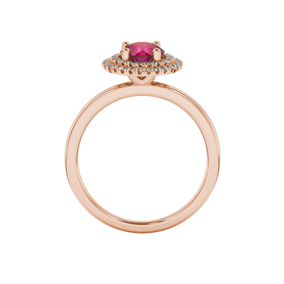 raspberry red gemstone double halo ring in rose gold