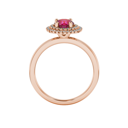 Round-cut raspberry red gemstone solitaire ring in a rose gold falling edge halo diamond setting.