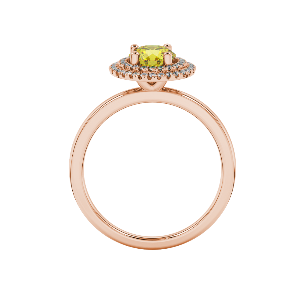 Round-cut canary yellow gemstone solitaire ring in a rose gold falling edge halo diamond setting.