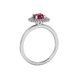 Side angle of a white gold raspberry red gemstone ring highlighting the falling edge halo details.