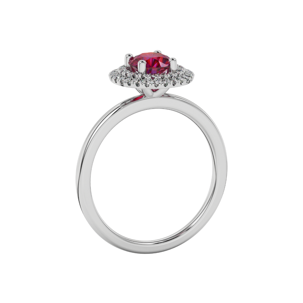 Side angle of a white gold raspberry red gemstone ring highlighting the falling edge halo details.