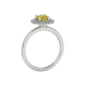 Side profile of a white gold canary yellow gemstone ring showing the brilliant falling edge halo design.