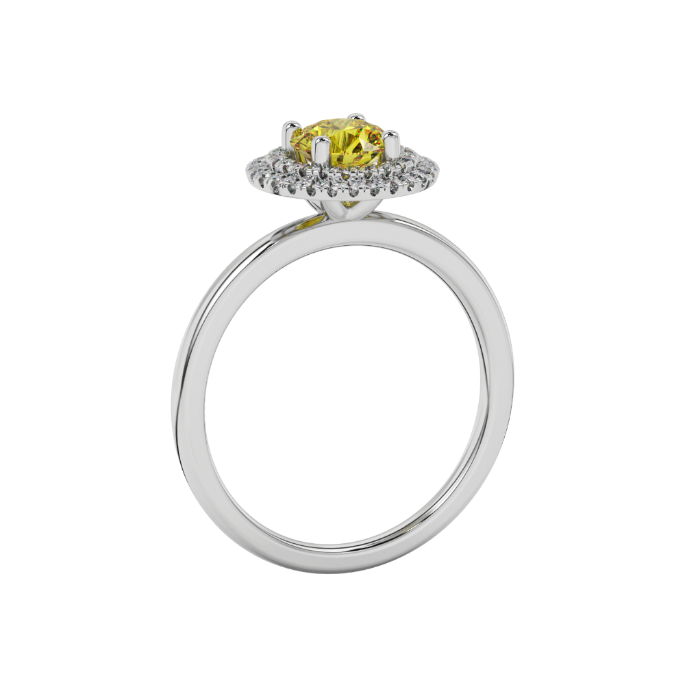 Side profile of a white gold canary yellow gemstone ring showing the brilliant falling edge halo design.