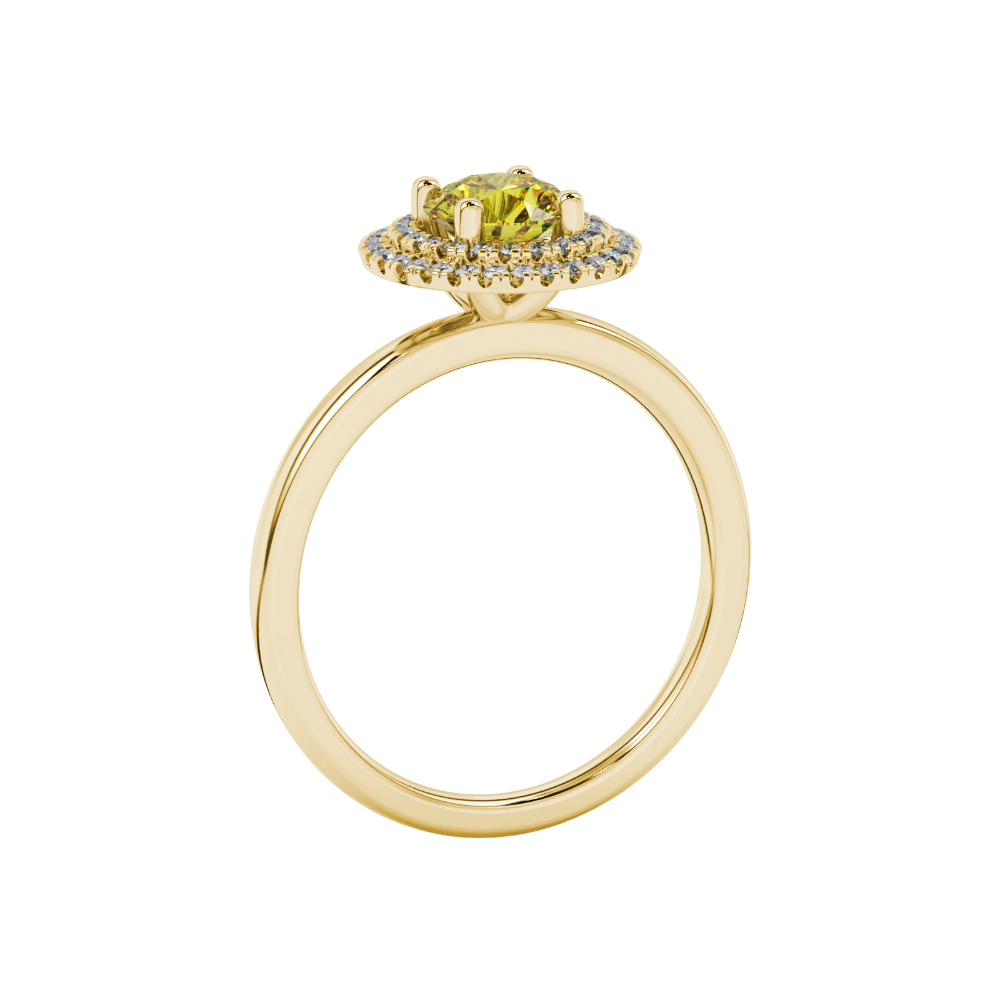 Side angle of a yellow gold canary yellow gemstone ring displaying the falling edge halo.
