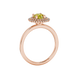 Side view of a rose gold canary yellow gemstone ring highlighting the falling edge halo.