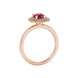 Side profile of a rose gold raspberry red gemstone ring showcasing the falling edge halo design.