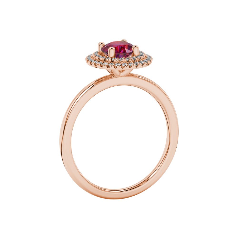 Side profile of a rose gold raspberry red gemstone ring showcasing the falling edge halo design.