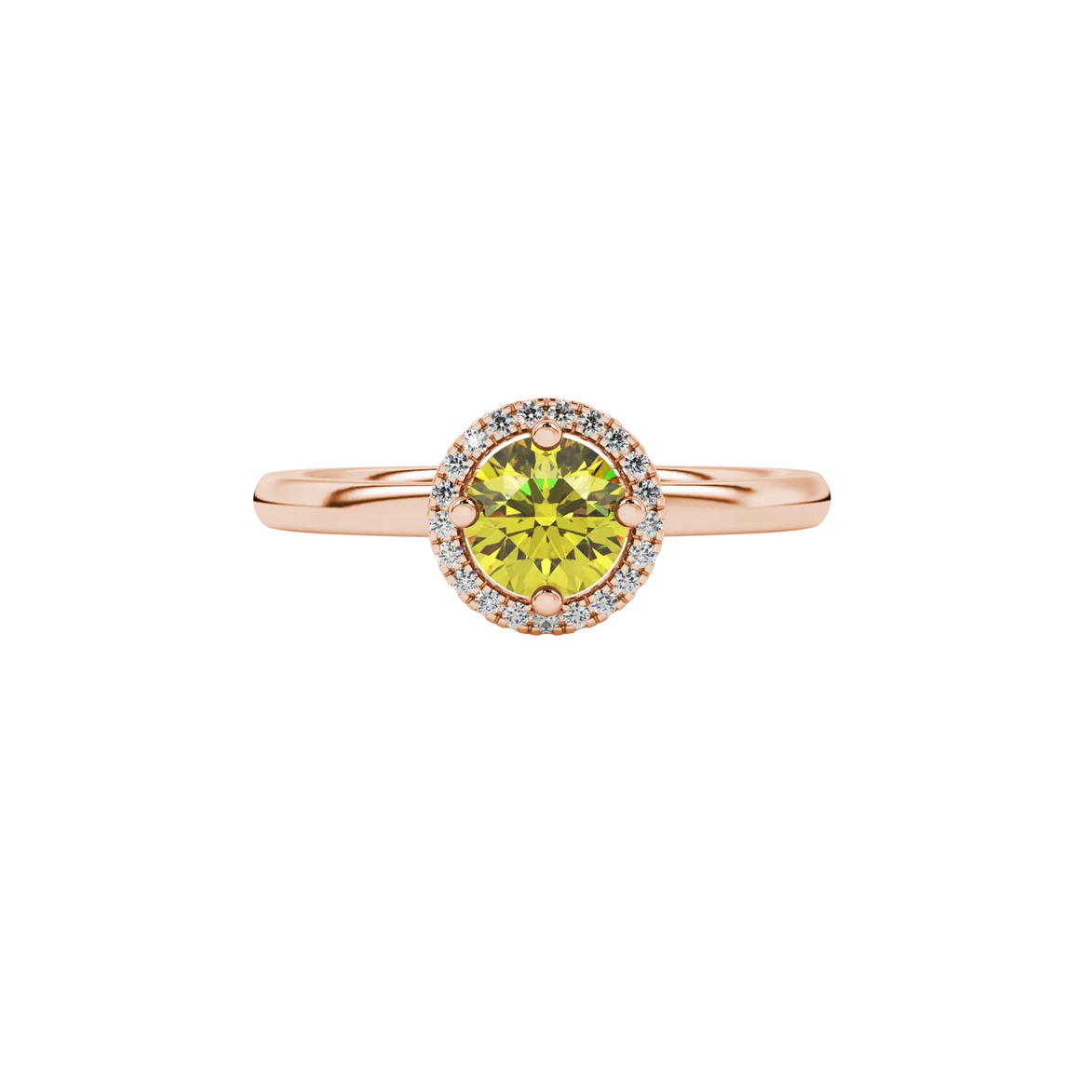 close-up of a round canary yellow gemstone ring with an intricate rose gold diamond French pavé halo.
