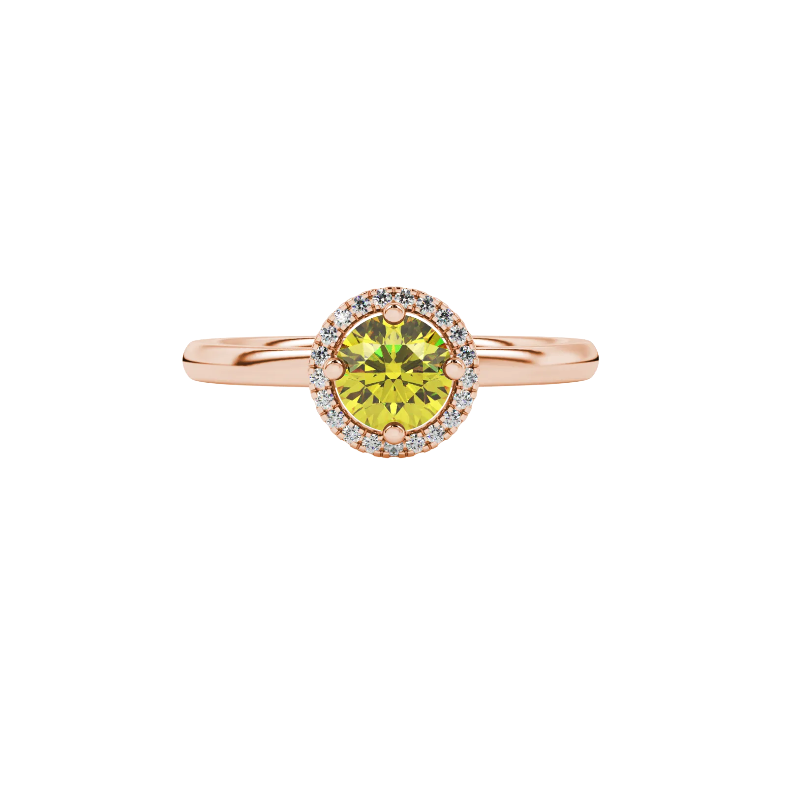 close-up of a round canary yellow gemstone ring with an intricate rose gold diamond French pavé halo.