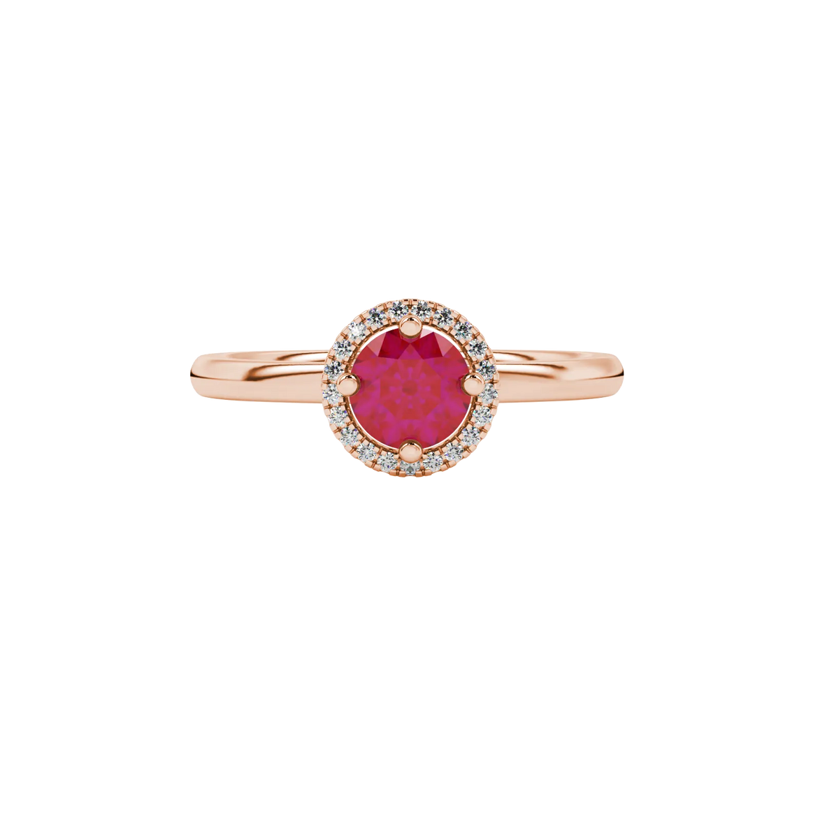 close-up shot of a round raspberry red gemstone ring with a diamond French pavé halo in rose gold.