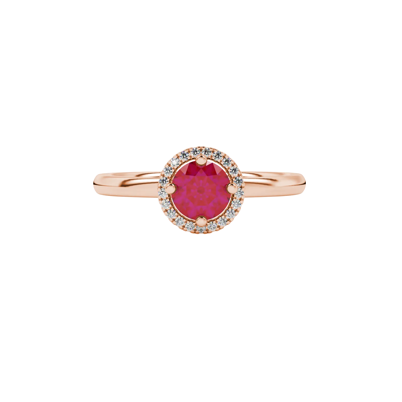 close-up shot of a round raspberry red gemstone ring with a diamond French pavé halo in rose gold.