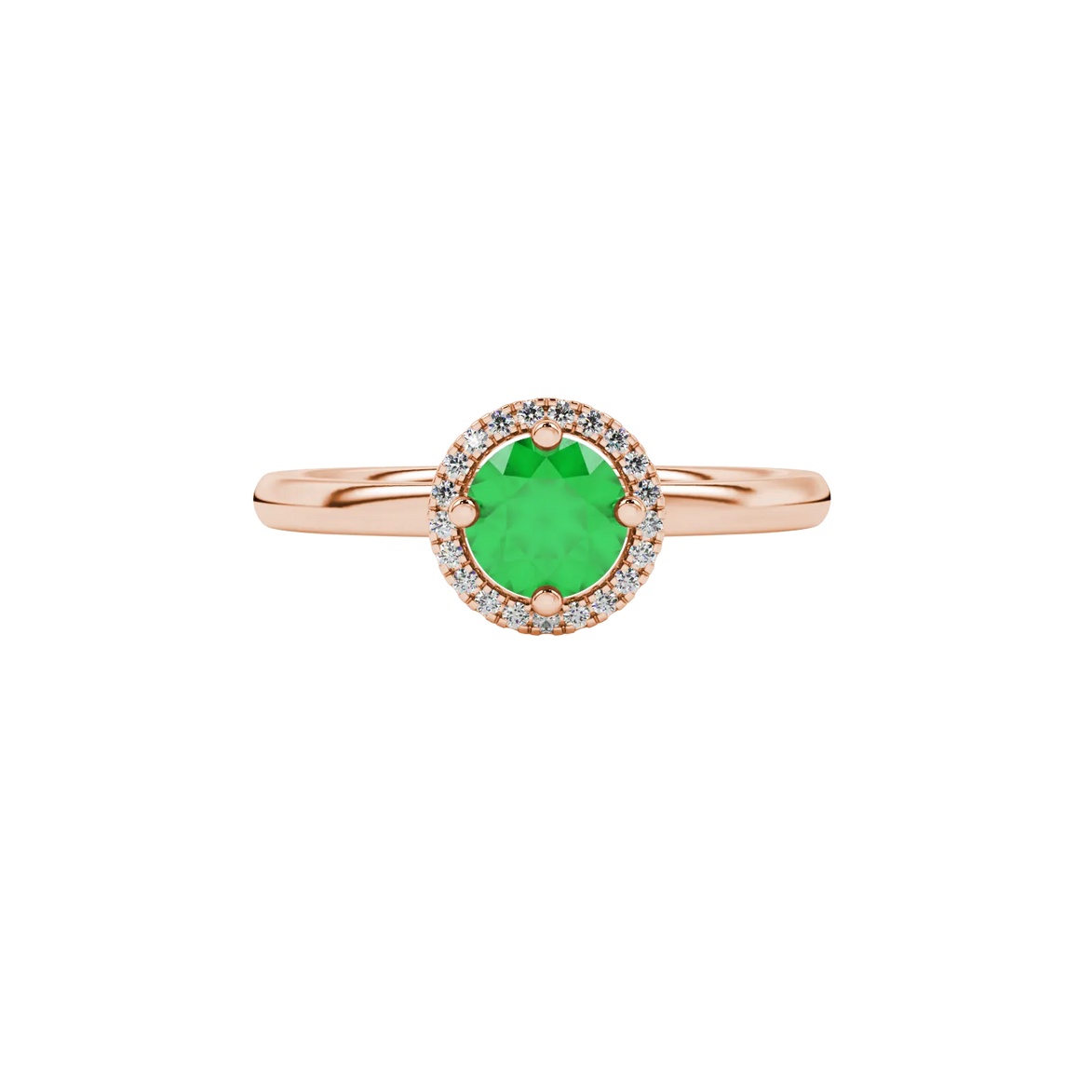 Close-up macro shot of a round emerald green gemstone ring with a rose gold diamond French pavé halo.