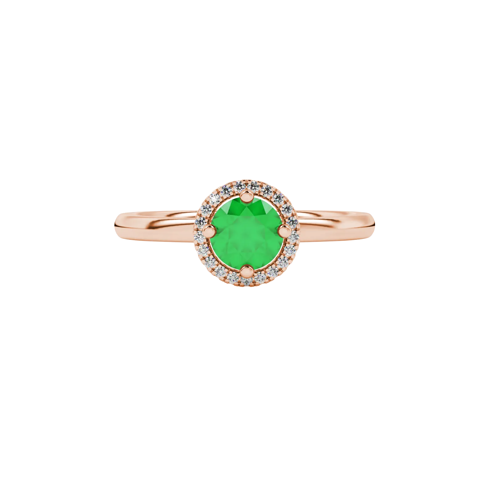 Close-up macro shot of a round emerald green gemstone ring with a rose gold diamond French pavé halo.