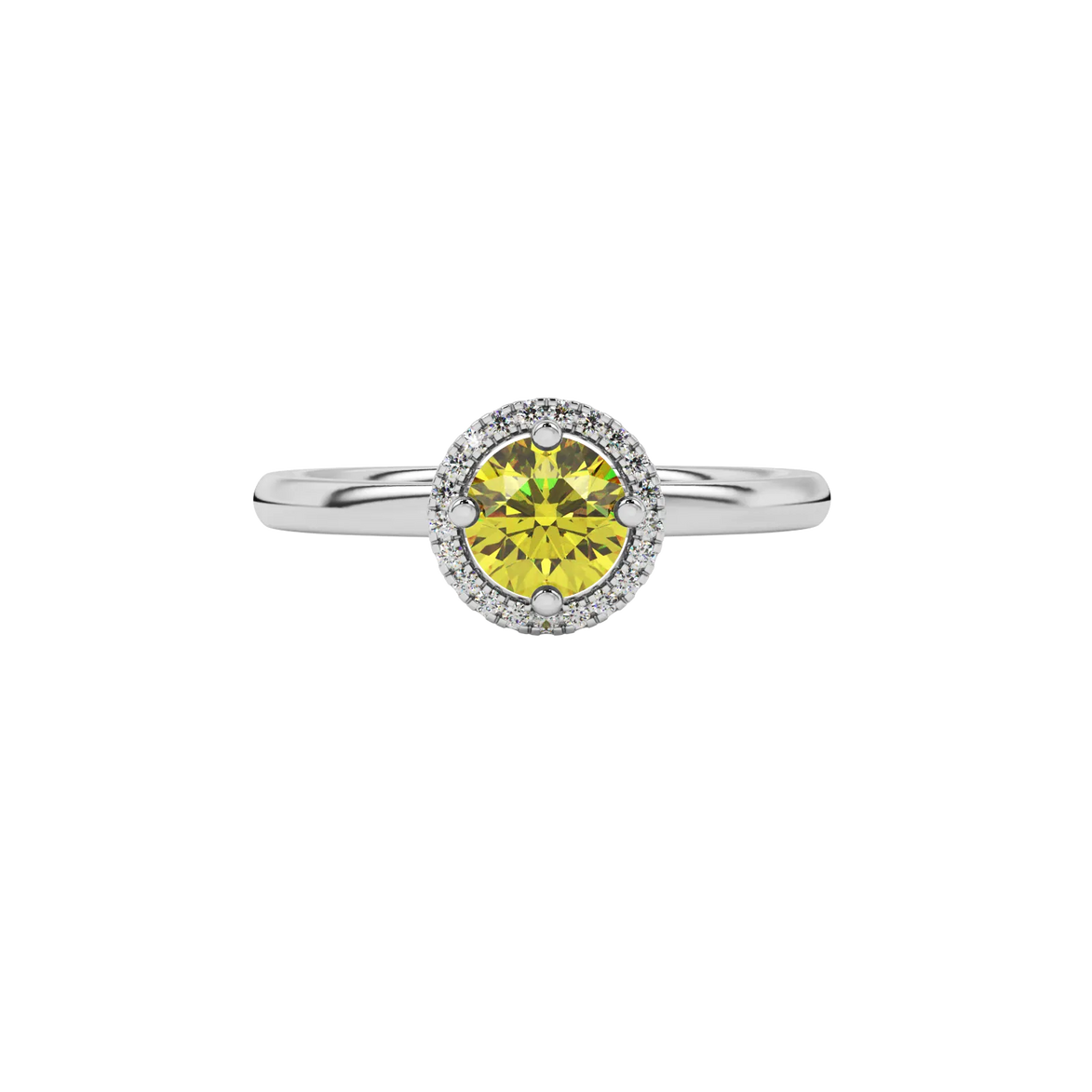 Close-up shot of a round-cut canary yellow gemstone in a white gold diamond French pavé halo setting.