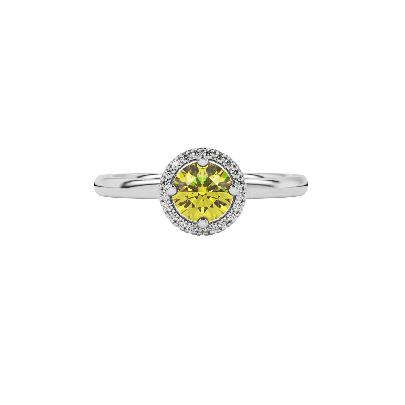 Close-up shot of a round-cut canary yellow gemstone in a white gold diamond French pavé halo setting.