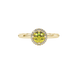 close-up of a round canary yellow gemstone secured in a yellow gold diamond French pavé halo.