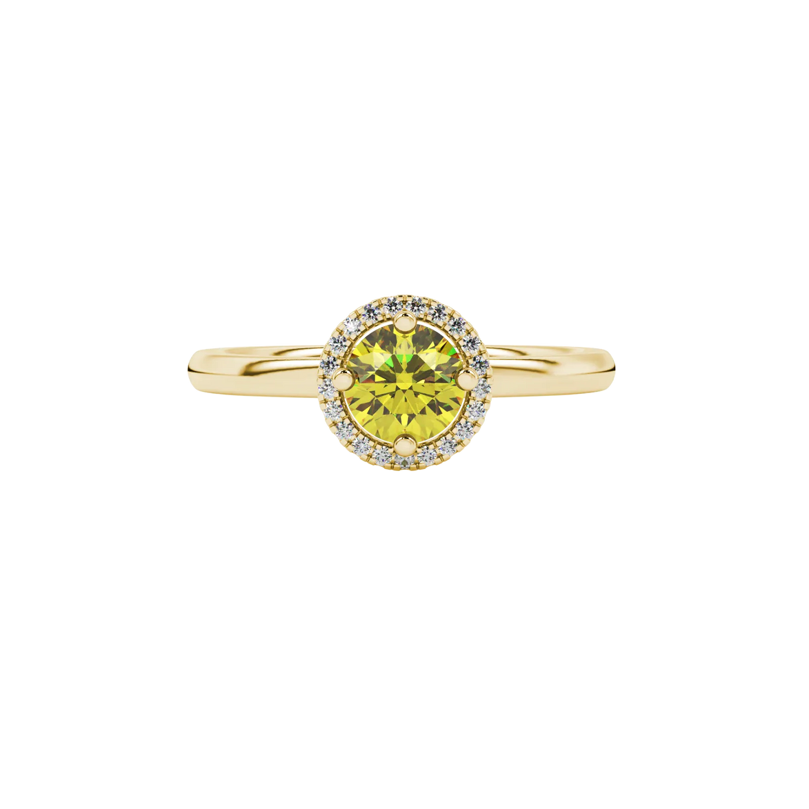 close-up of a round canary yellow gemstone secured in a yellow gold diamond French pavé halo.