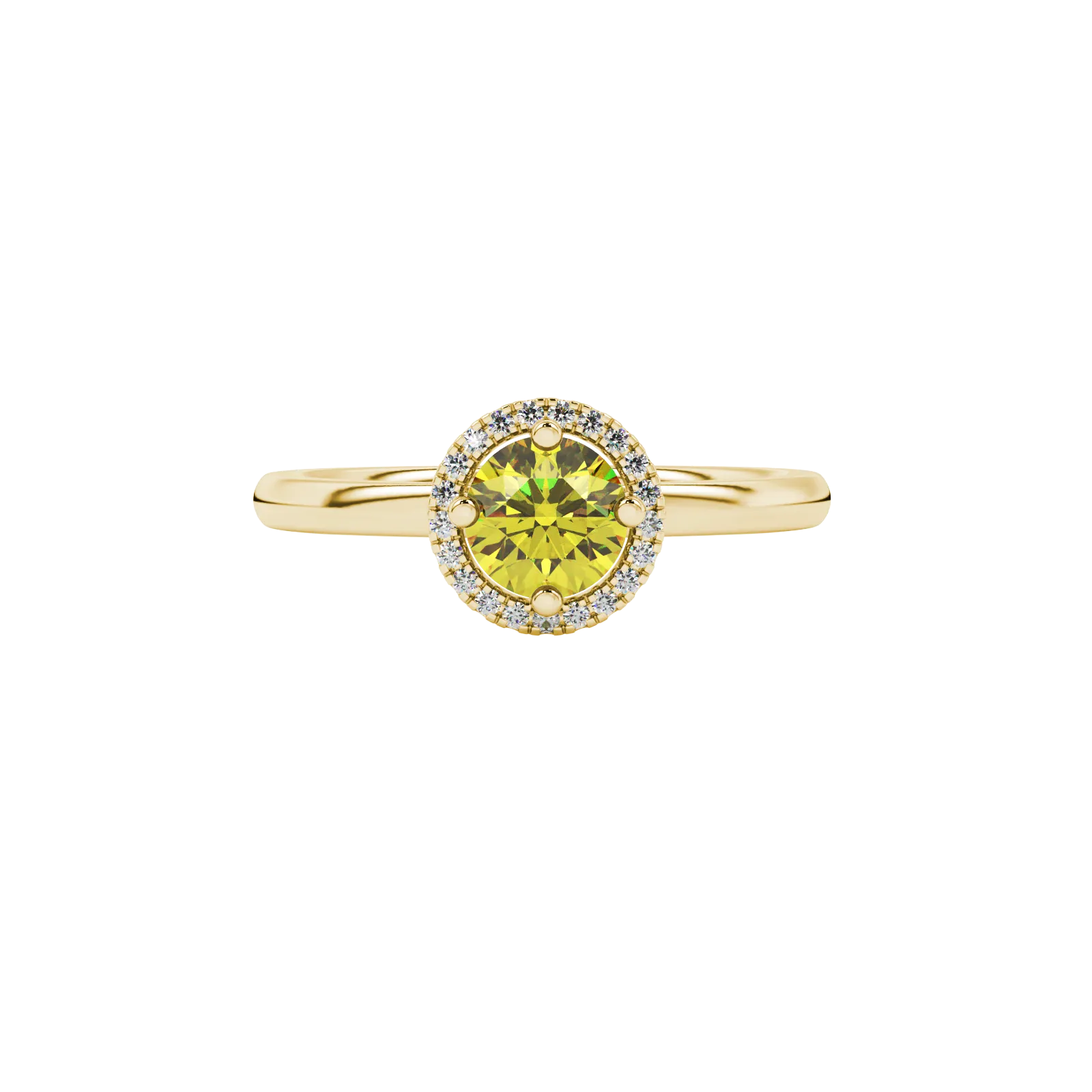 close-up of a round canary yellow gemstone secured in a yellow gold diamond French pavé halo.