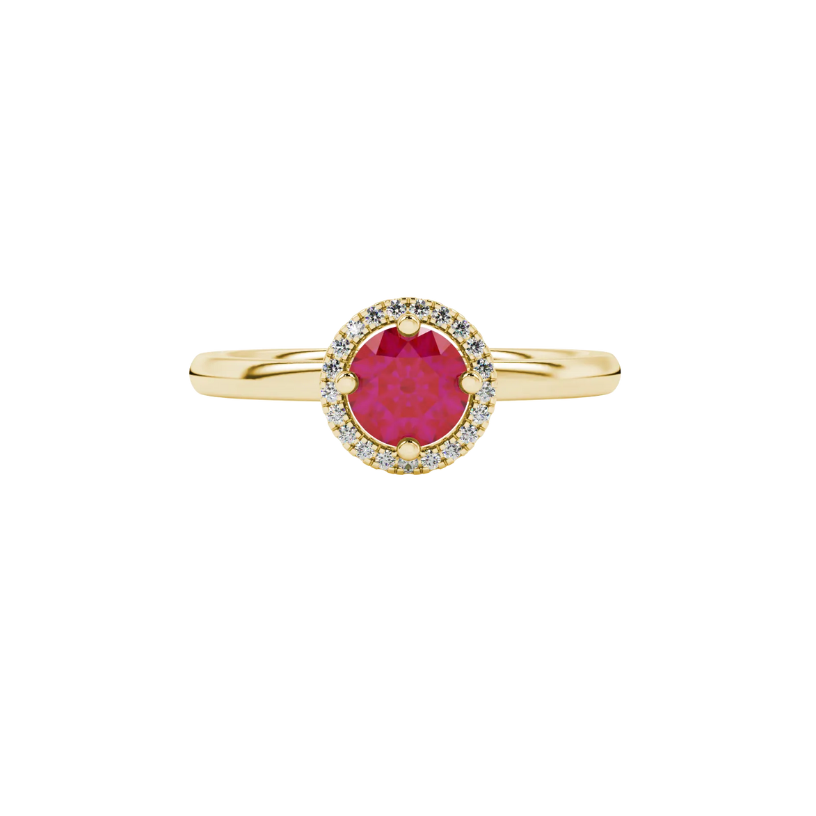close-up of a round-cut raspberry red gemstone surrounded by a yellow gold diamond French pavé halo.