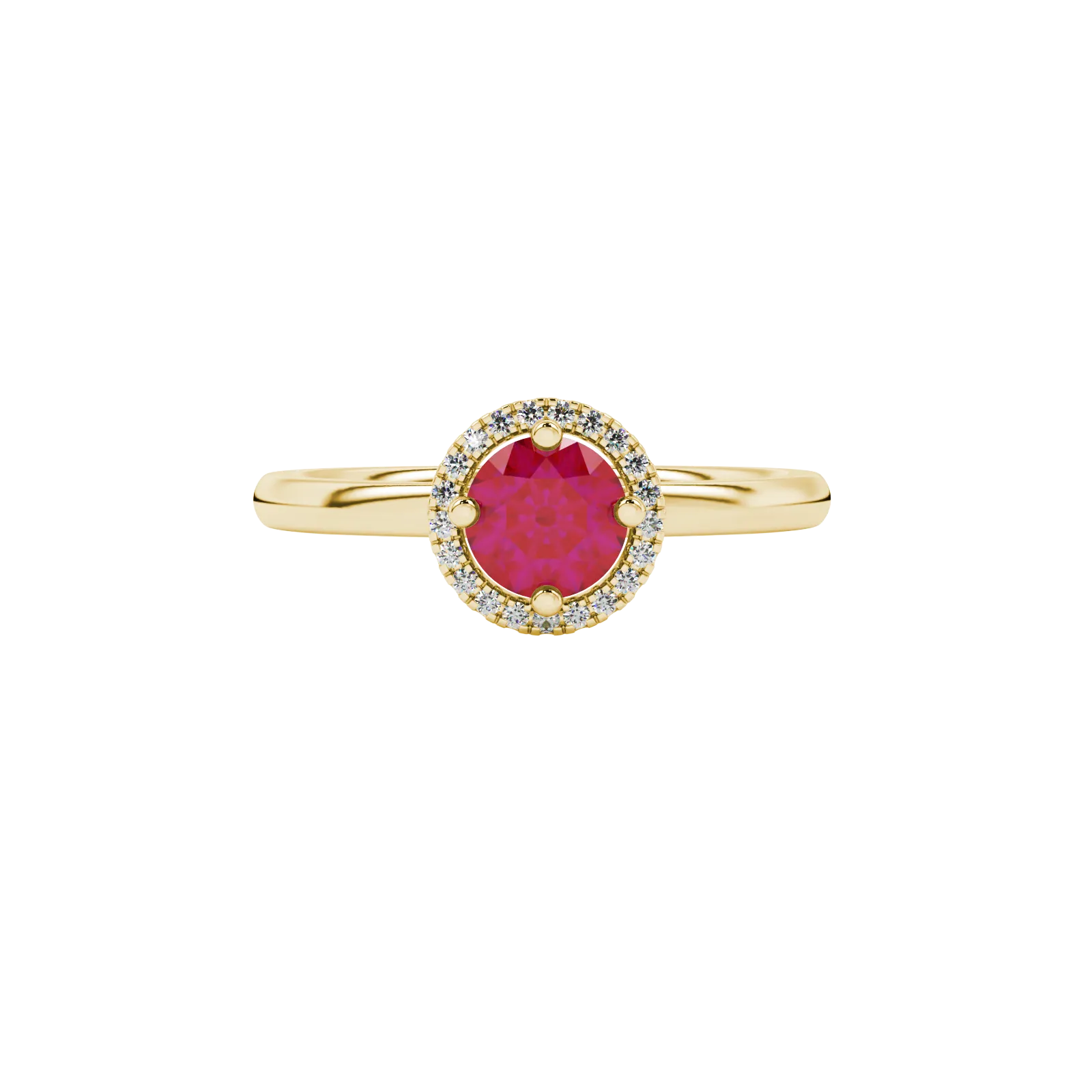 close-up of a round-cut raspberry red gemstone surrounded by a yellow gold diamond French pavé halo.