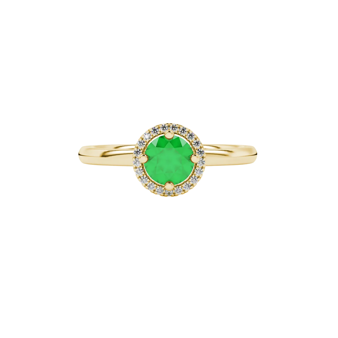 Close-up details of a round-cut emerald green gemstone in a yellow gold diamond French pavé halo.