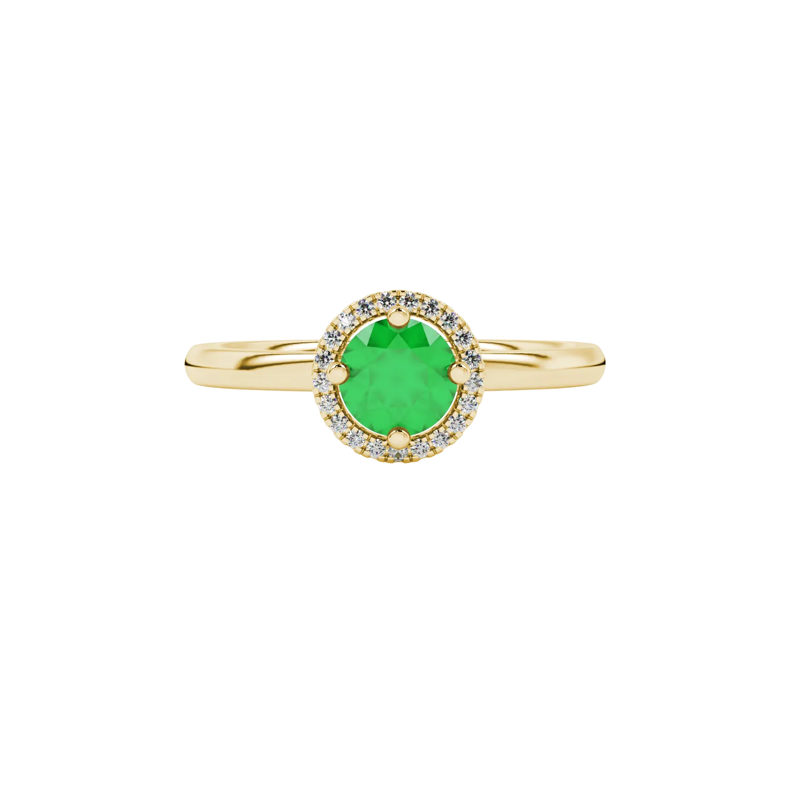 Close-up details of a round-cut emerald green gemstone in a yellow gold diamond French pavé halo.