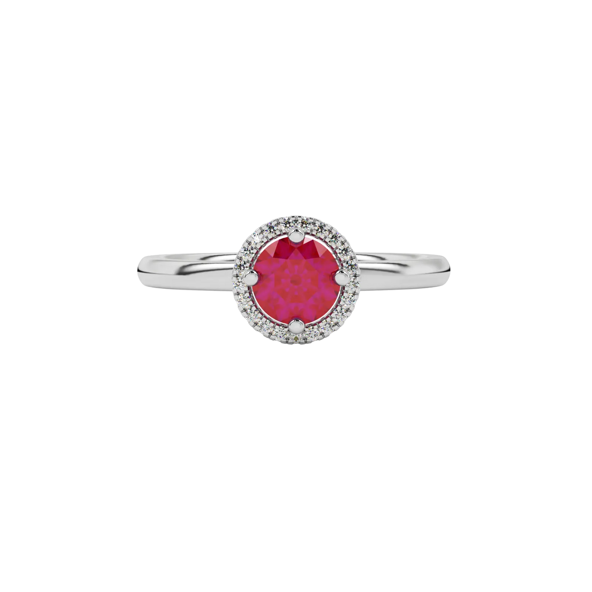 Close-up details of a round raspberry red gemstone secured in a white gold diamond French pavé halo setting.