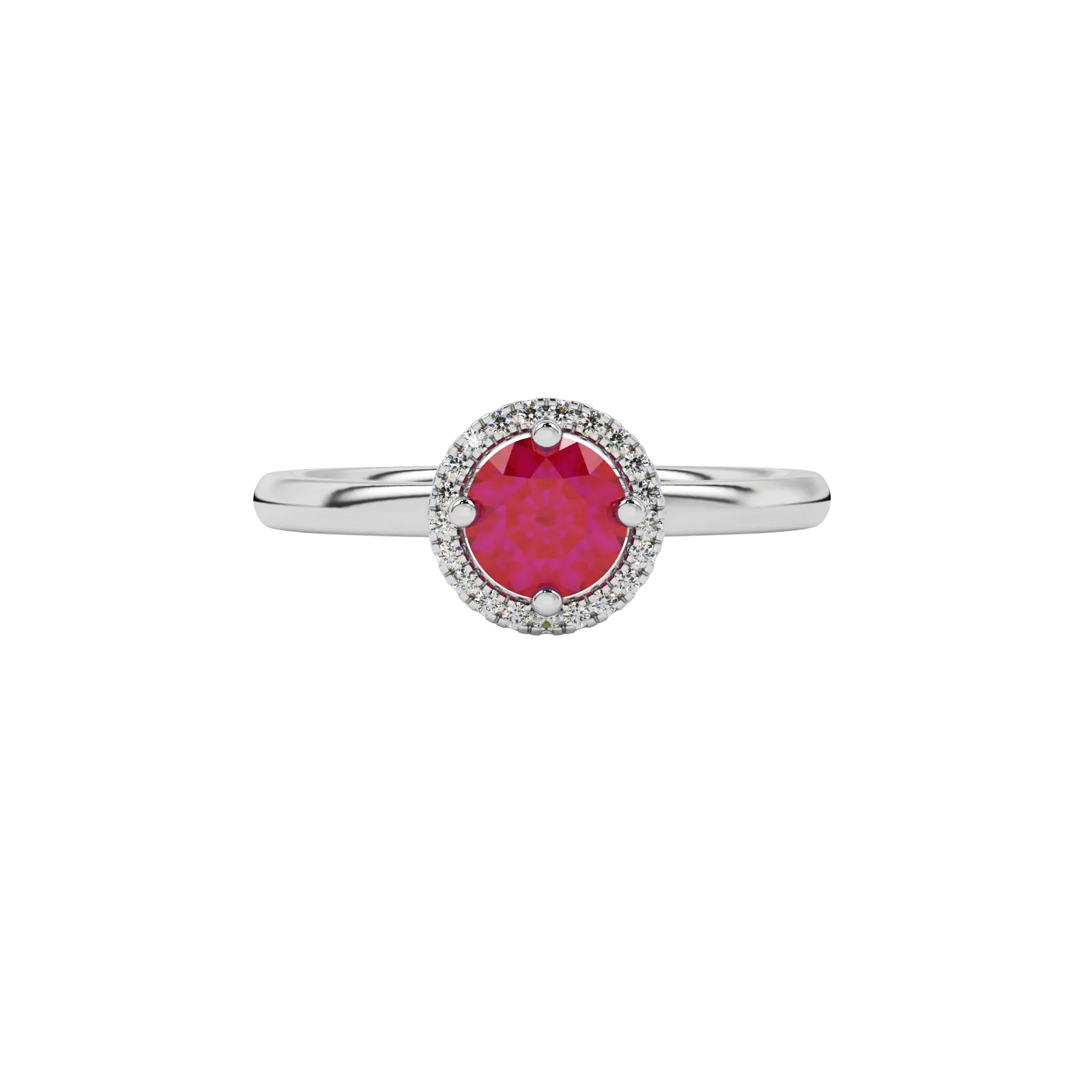 Close-up details of a round raspberry red gemstone secured in a white gold diamond French pavé halo setting.