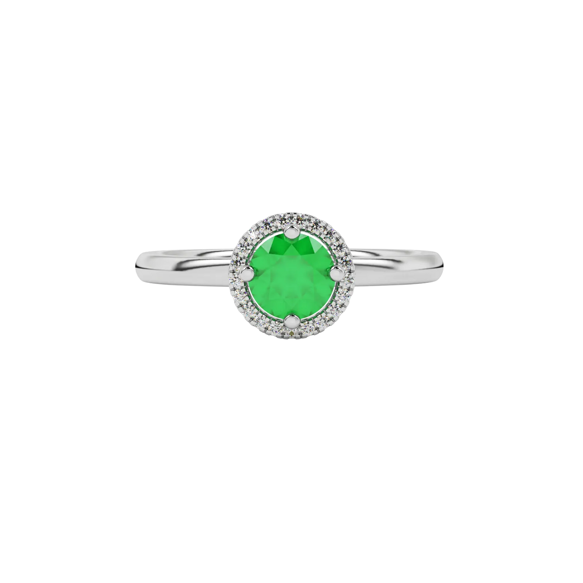 close-up of a round emerald green gemstone enclosed in a white gold diamond French pavé halo setting.